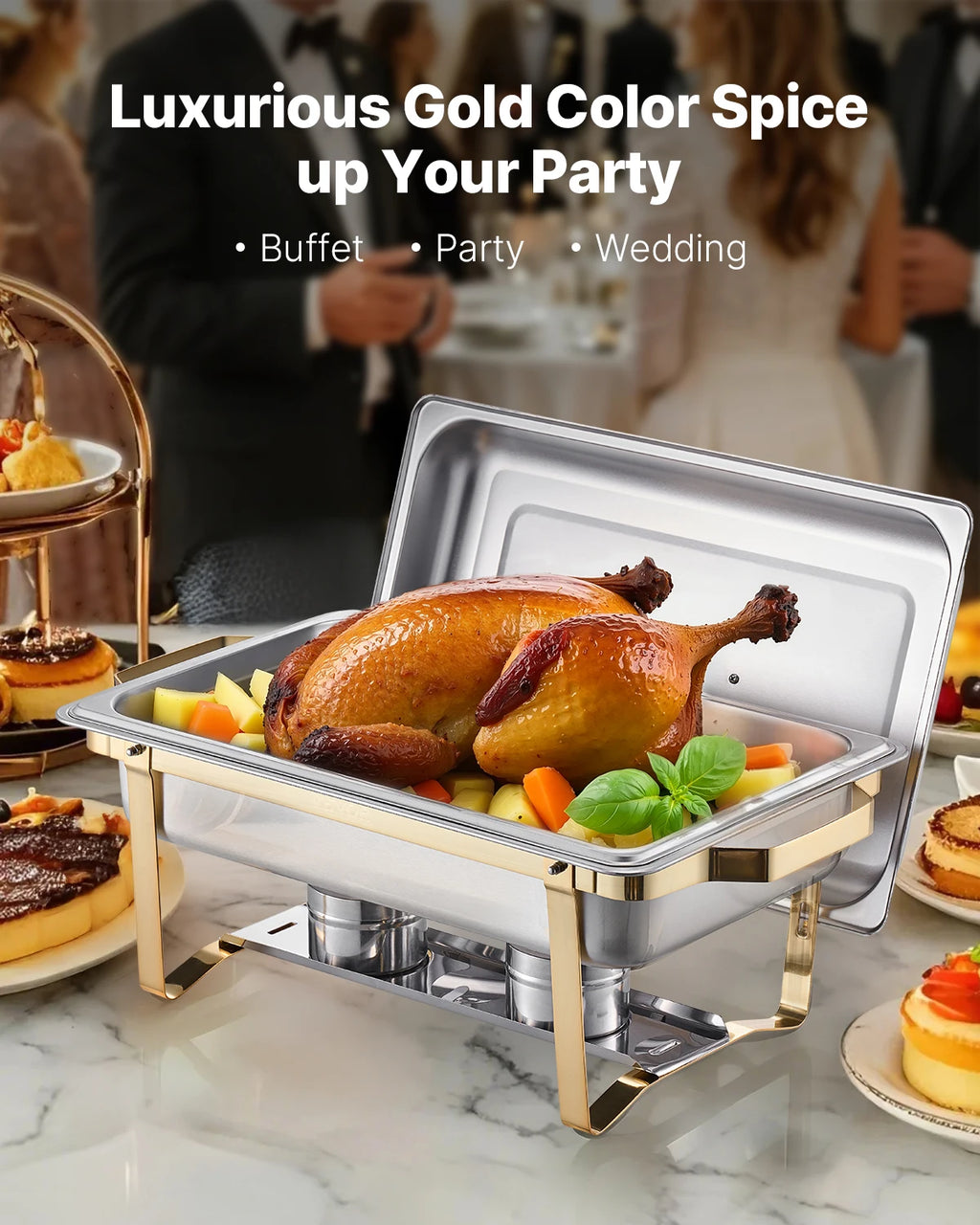 SucceBuy 8 Qt 4 Pack Chafing Dish Buffet Set Stainless Steel Chafer with 2 Full Size and 4 Half Size Pans Catering Warmer Server
