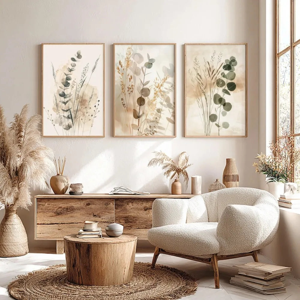 3pcs Frameless Plant Wall Neutral Minimalist Prints Scandinavian Bedroom Decor Eucalyptus Triptych Bohemian Living Room Wall Art