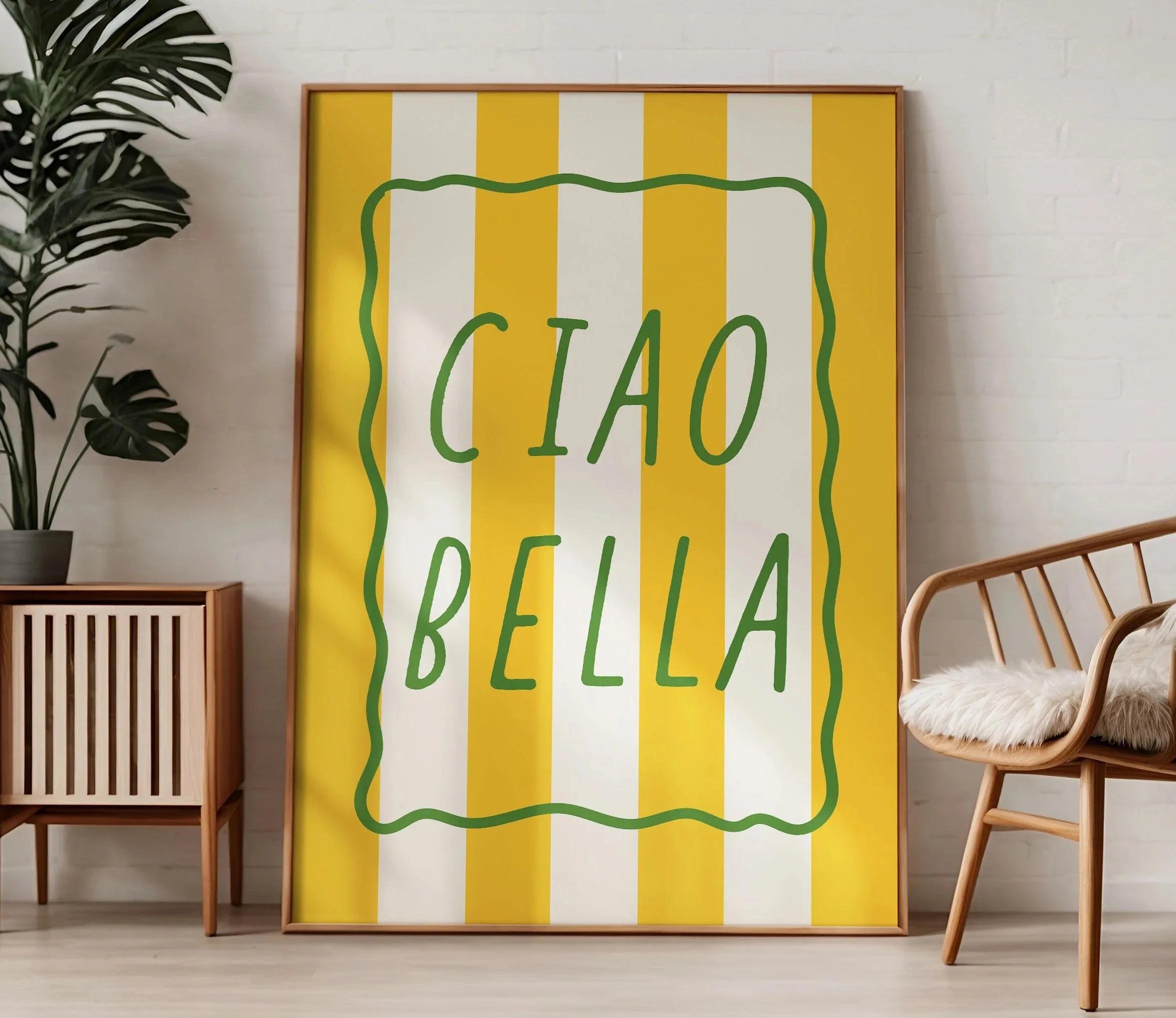 Ciao Bella Sage Green Striped Canvas Print Italy La Dolce Vita Quotation Wall Art Poster for Modern Living Room Y2k Home Decor