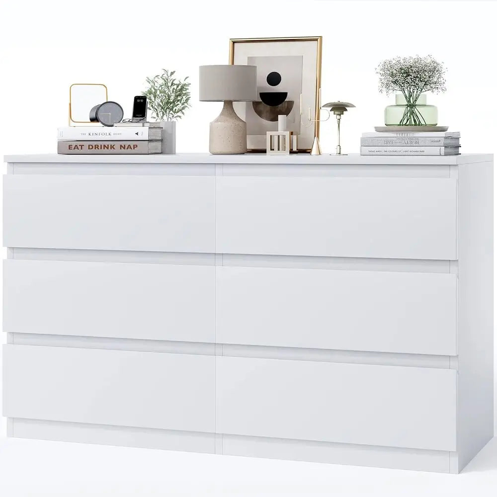 48 Wide 6 Drawer Bedroom Set, Deep Drawers, Large Wooden Double Dresser for Hallways