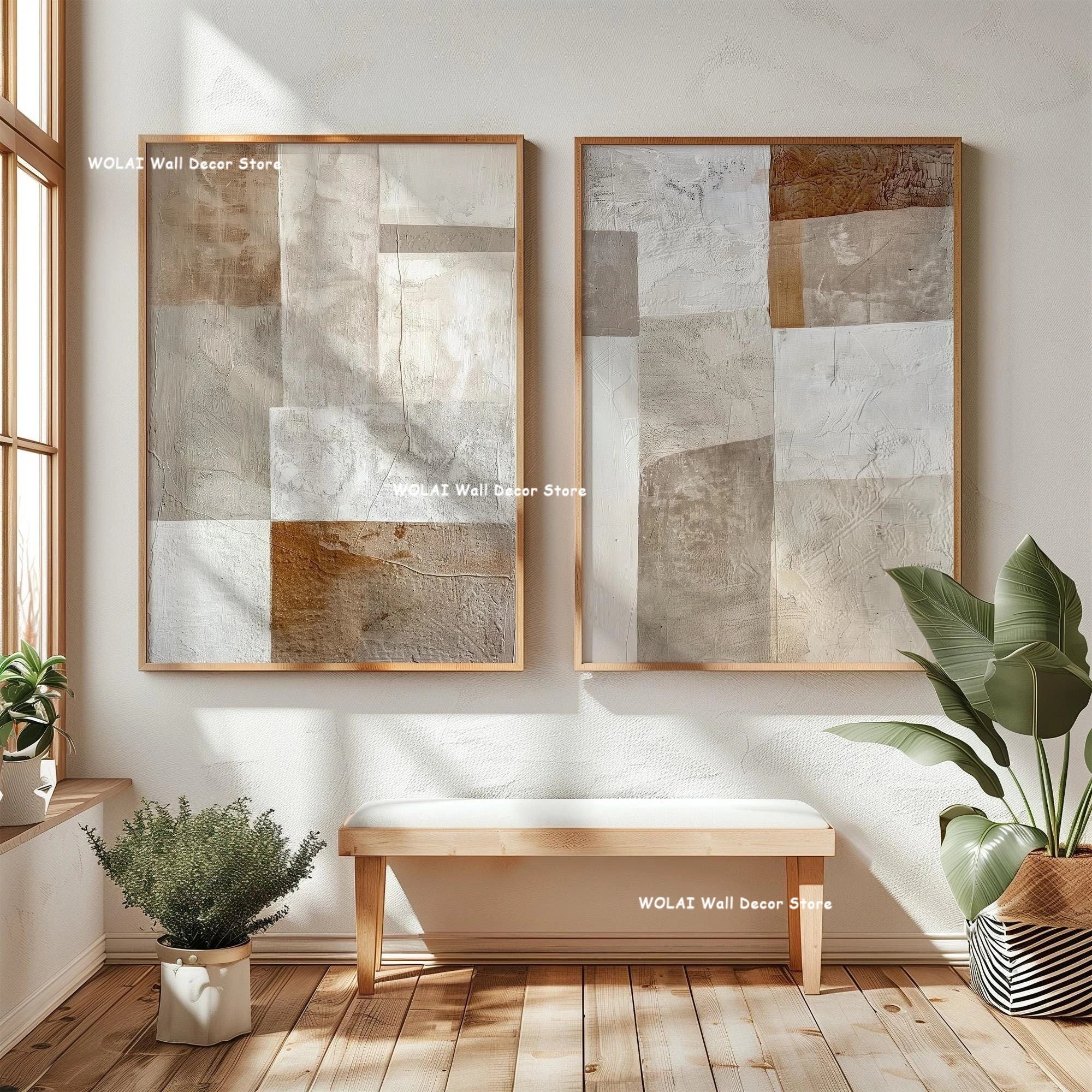 2pcs/set Beige Abstract Geometric Color Block Canvas Print Minimalist Clay Art Texture Wall Art Poster for Living Room Decor
