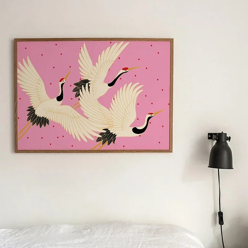 1pc Flying Crane Print Vintage Style Birds Prints Japanese Crane Painting Antique Canvas Wall Maximalist Art Home Decor
