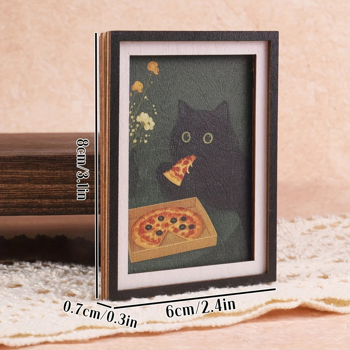 Exquisite Mini 3-Layer Photo Frame Fridge Magnet, Black Cat & Pizza Pattern, Fun Home Decor, Unique Exquisite Holiday Gift