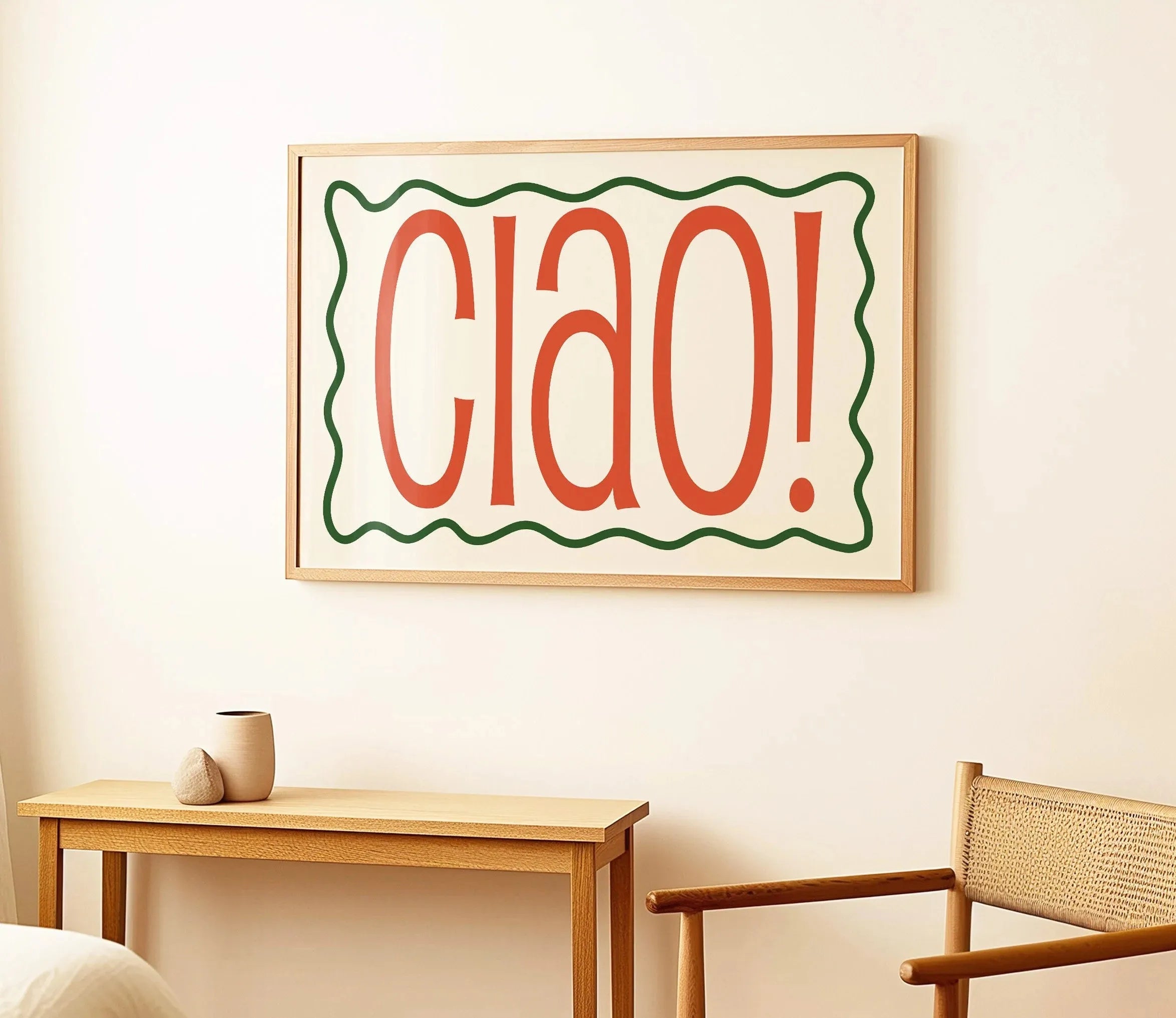 Ciao Bella Sage Green Striped Canvas Print Italy La Dolce Vita Quotation Wall Art Poster for Modern Living Room Y2k Home Decor
