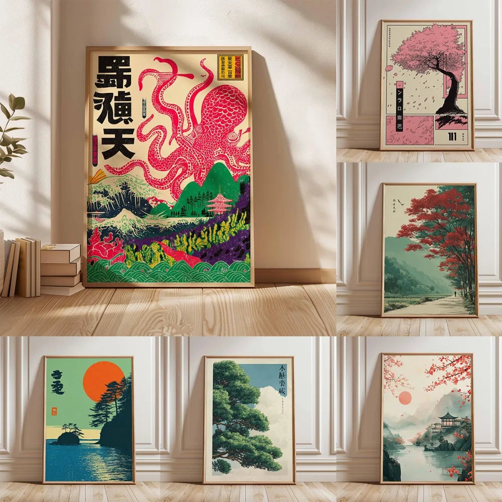1 Frameless Japanese Tree Poster,Retro Landscape Painting,Natural Wall Art Print,Peaceful Landscape Art,Spring Flower Decoration
