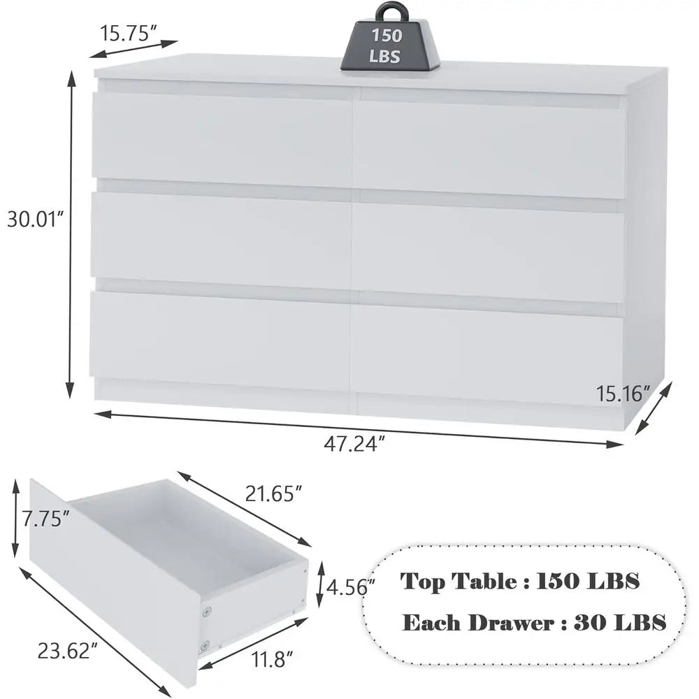48 Wide 6 Drawer Bedroom Set, Deep Drawers, Large Wooden Double Dresser for Hallways