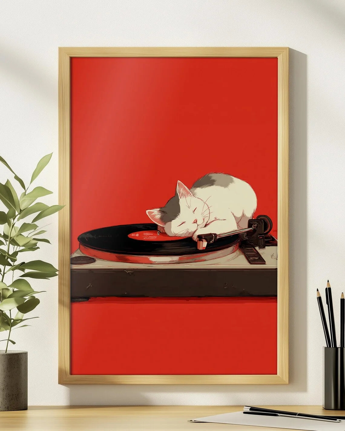 Retro Cat with Coffee Wall Art, Vintage Record Player Print, Cozy Living Room Decor, Bohemian Music Lover Poster, Colorful Home