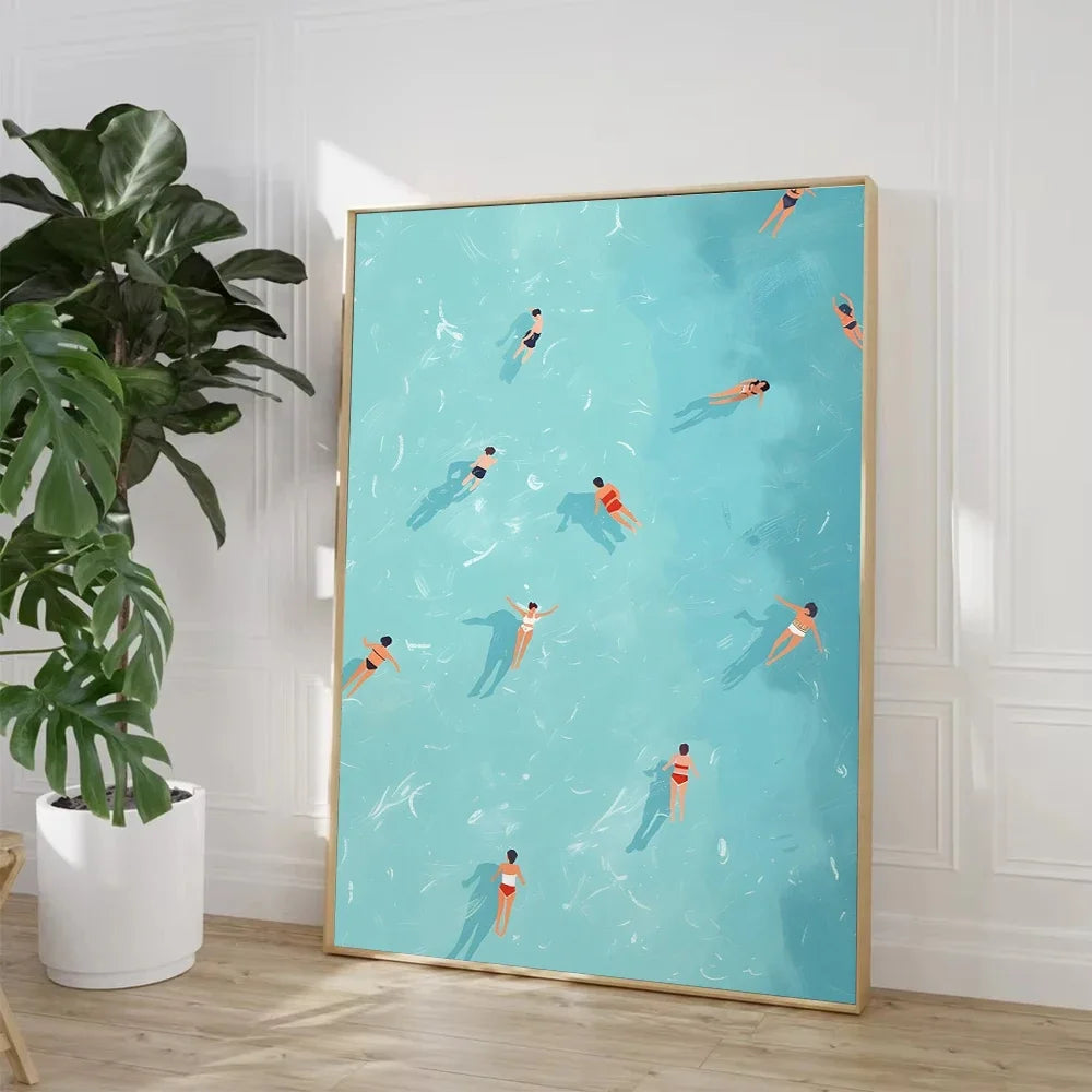 Nordic Summer Girl Swimming Pool Party Beach Ocean Boat Wall Art Print Poster Canvas Painting Picture Living Room & Home Decor