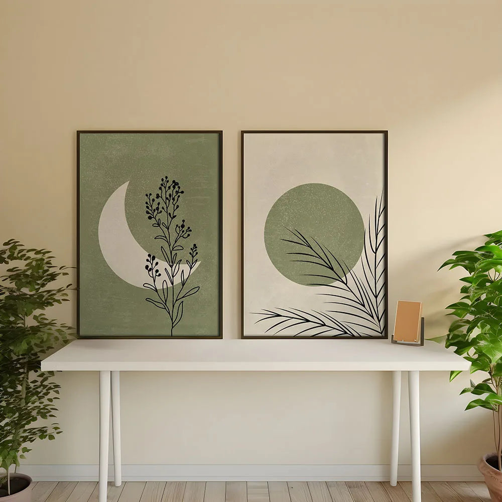 2pcs/set Bohemian Plant Moon Sun Canvas Poster Green Beige Background Landscape Wall Art Print for Modern Living Room Home Decor