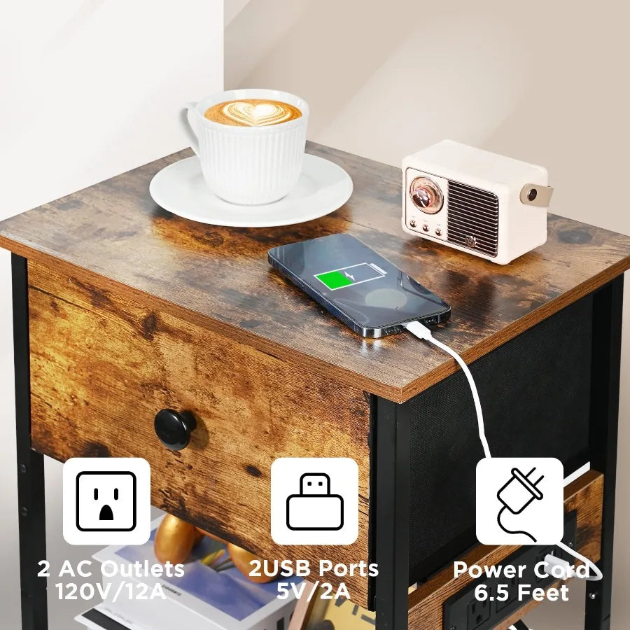 Modern Nightstand with 2 Storage Shelves and Charging Station Rustic Brown