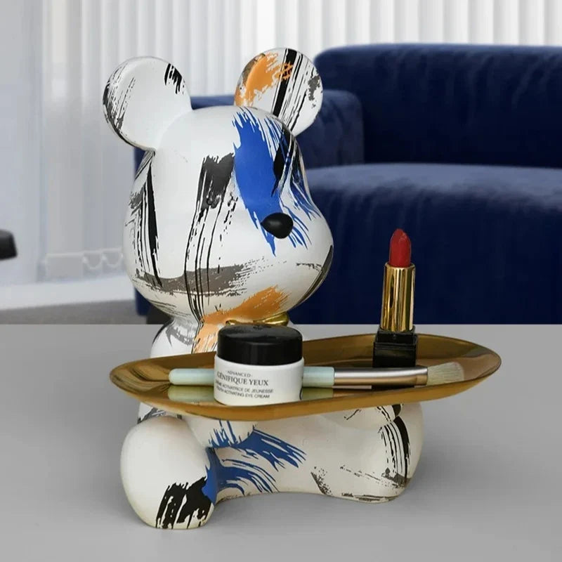 Trendy Colorful Graffiti Bear Abstract Resin Storage Statue Cute Doodle Animal Organizer Desk Holder for Home Office Ornaments