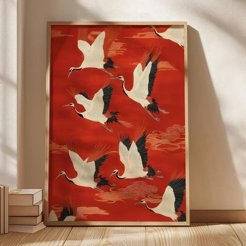 1pc Flying Crane Print Vintage Style Birds Prints Japanese Crane Painting Antique Canvas Wall Maximalist Art Home Decor