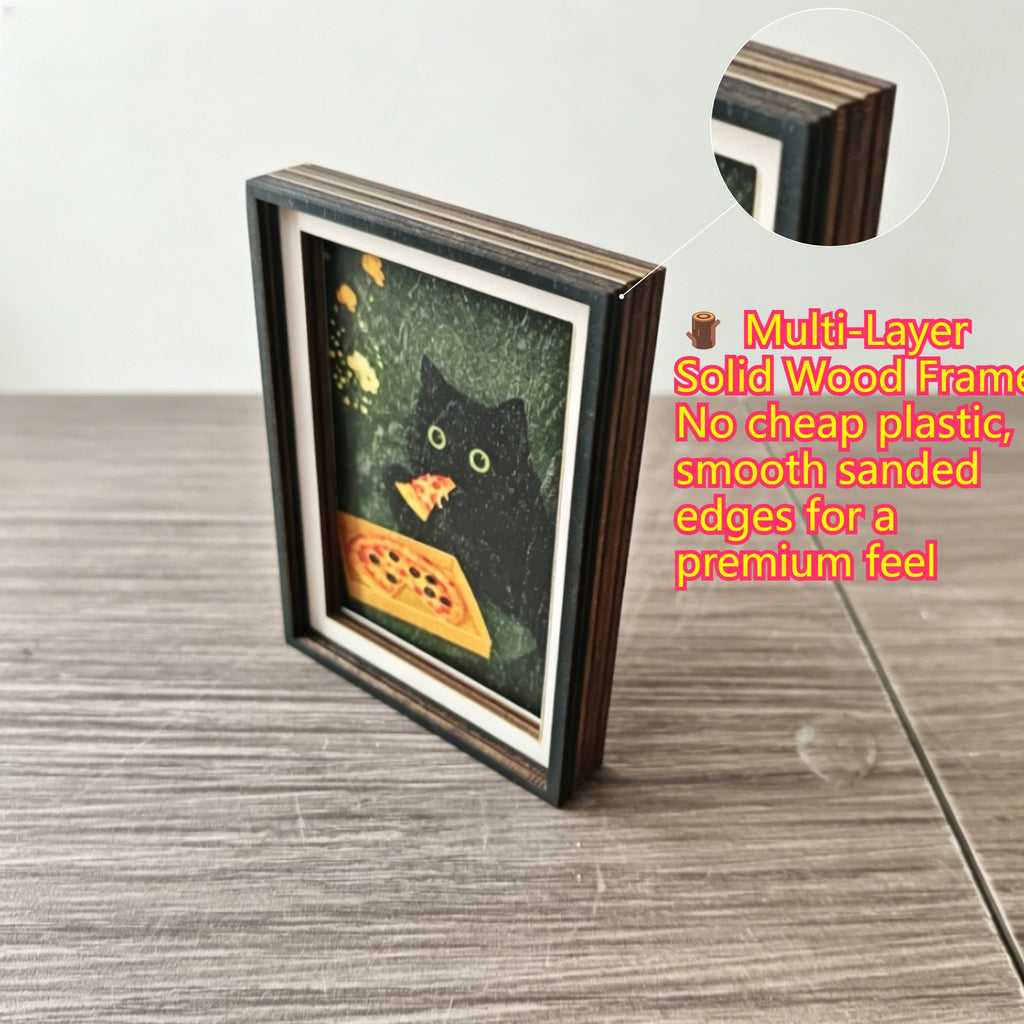 Exquisite Mini 3-Layer Photo Frame Fridge Magnet, Black Cat & Pizza Pattern, Fun Home Decor, Unique Exquisite Holiday Gift