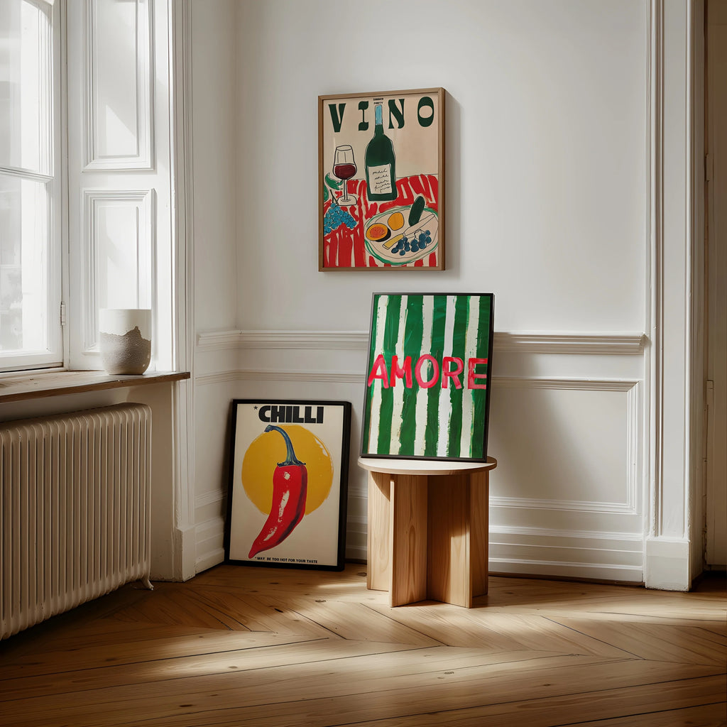 Amore Green Striped Canvas Printing Vino Wine Glass & Pepper Wall Art Poster Modern Living Room Bedroom Kitchen Home Decor Gifts