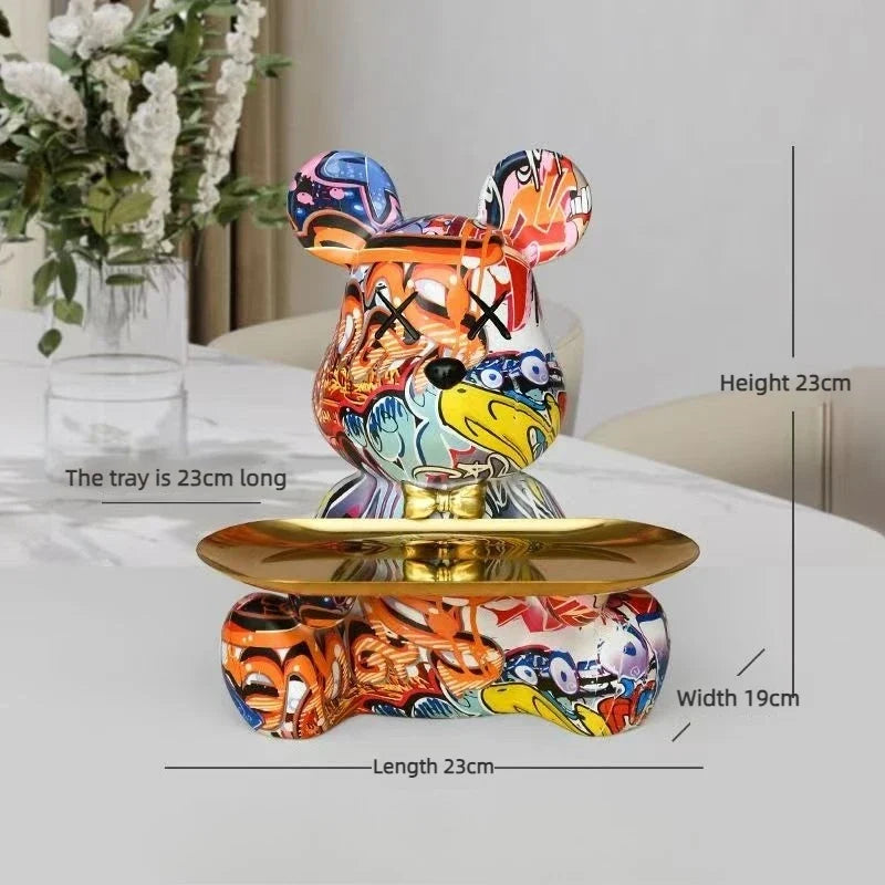 Trendy Colorful Graffiti Bear Abstract Resin Storage Statue Cute Doodle Animal Organizer Desk Holder for Home Office Ornaments