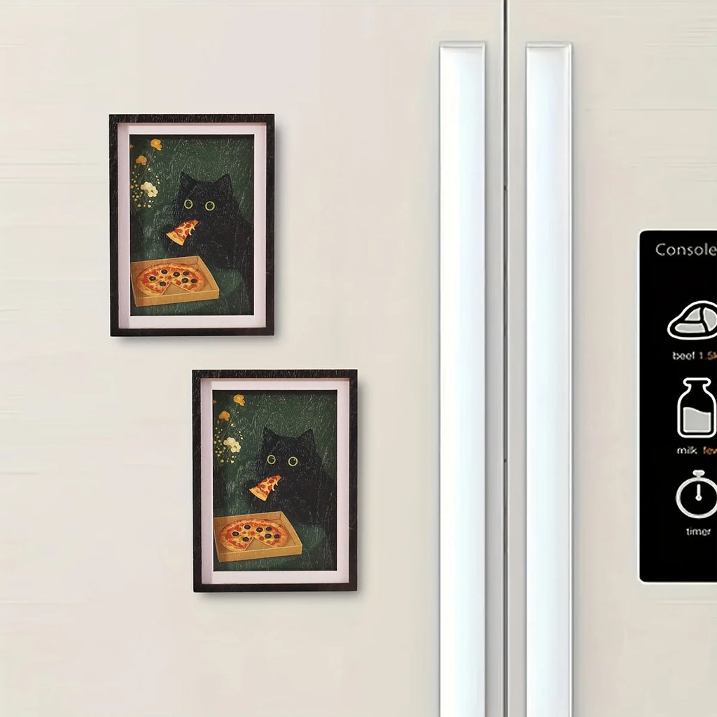 Exquisite Mini 3-Layer Photo Frame Fridge Magnet, Black Cat & Pizza Pattern, Fun Home Decor, Unique Exquisite Holiday Gift