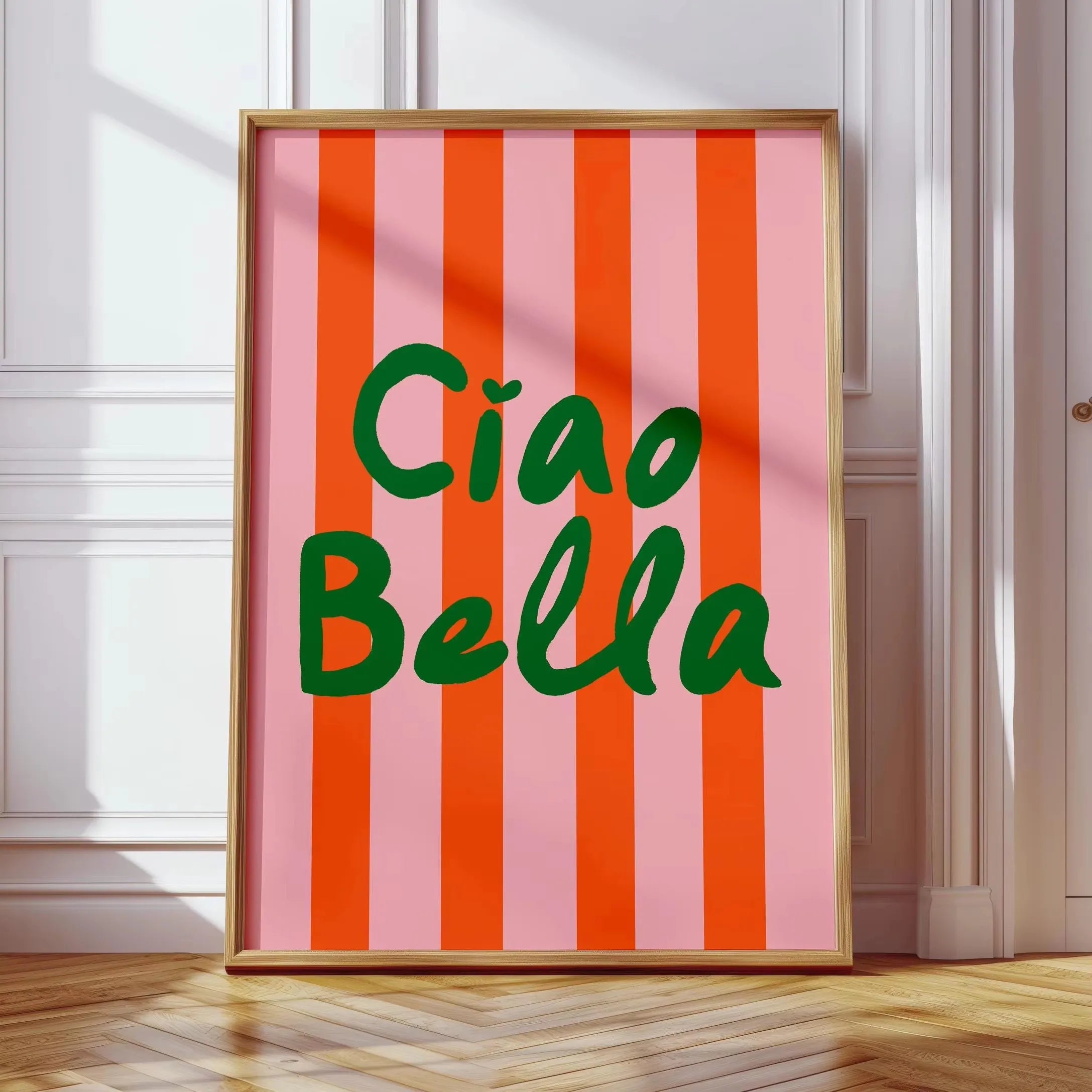 Ciao Bella Sage Green Striped Canvas Print Italy La Dolce Vita Quotation Wall Art Poster for Modern Living Room Y2k Home Decor