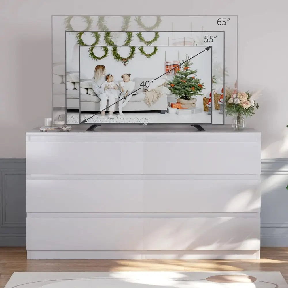 48 Wide 6 Drawer Bedroom Set, Deep Drawers, Large Wooden Double Dresser for Hallways