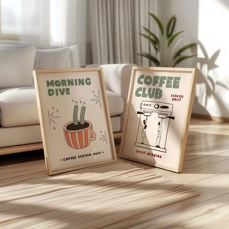 2pcs Modern Coffee Bar Decor Posters, Frameless Espresso Canvas Prints, Retro Poster for Kitchen Decor and Coffee-Lover Gifts