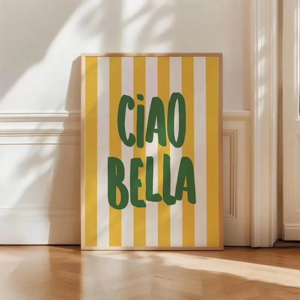 Ciao Bella Sage Green Striped Canvas Print Italy La Dolce Vita Quotation Wall Art Poster for Modern Living Room Y2k Home Decor