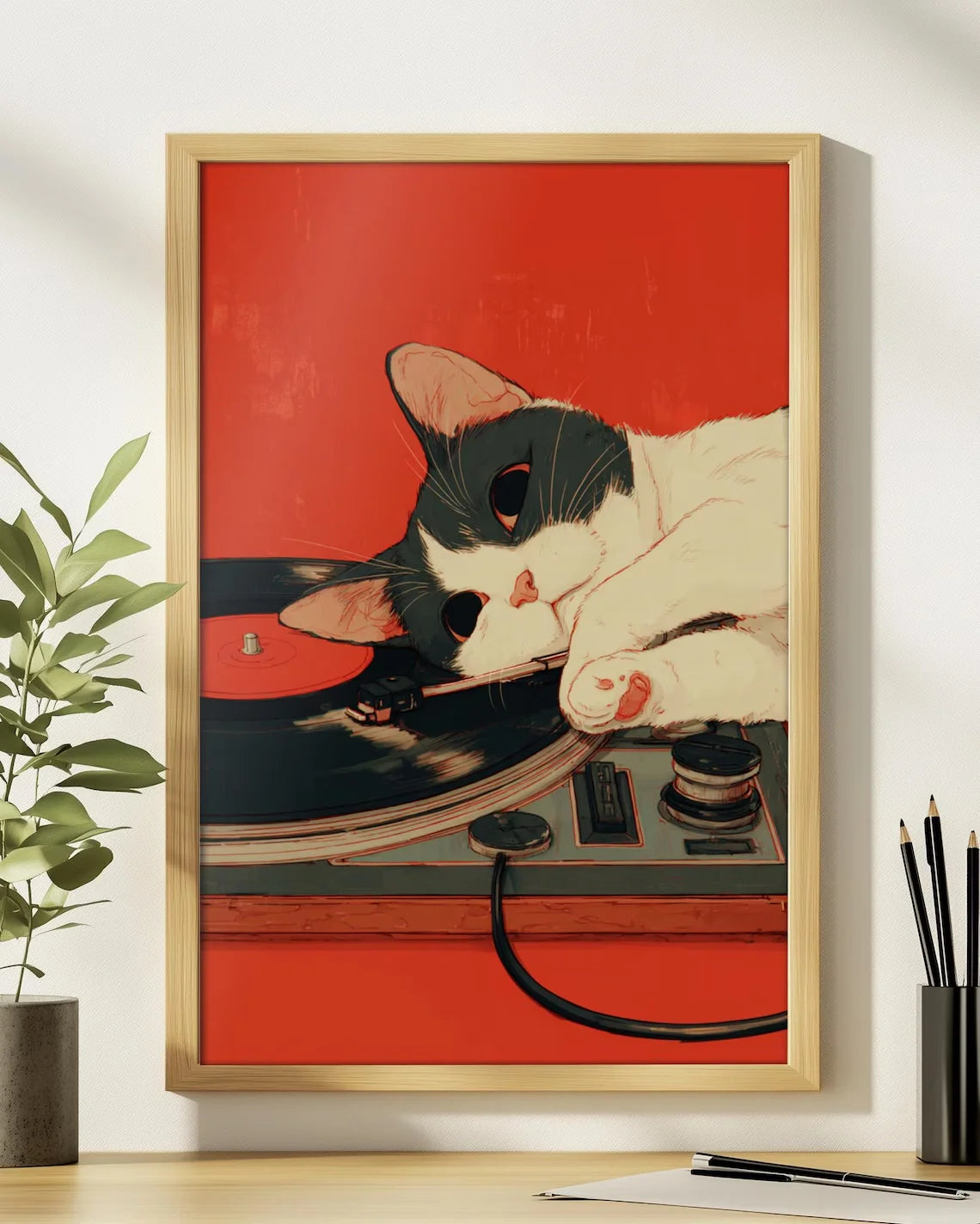 Retro Cat with Coffee Wall Art, Vintage Record Player Print, Cozy Living Room Decor, Bohemian Music Lover Poster, Colorful Home