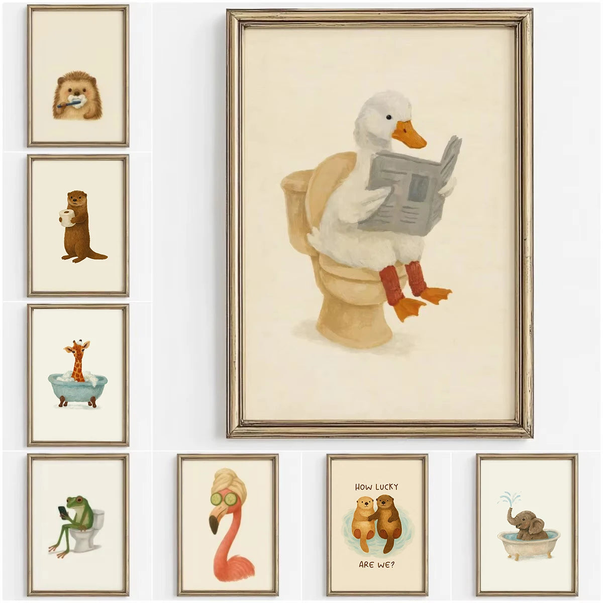 Cute Animal Bubble Bath Wall Art Cute Bathroom Animal Poster Kids Funny Toilet Paper Canvas Print for Nursery Home Decor Gifts