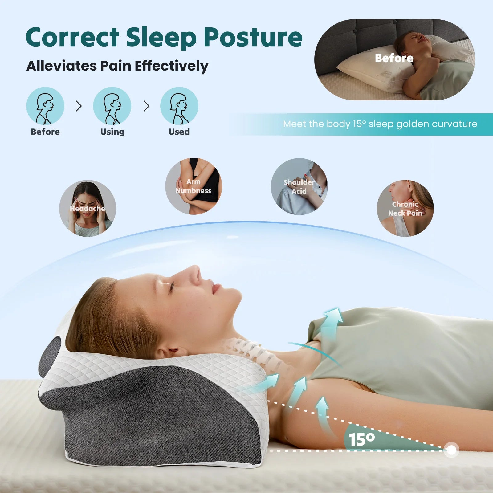 Ergonomic Wide Neck Contour Cooling Memory Foam Pillow