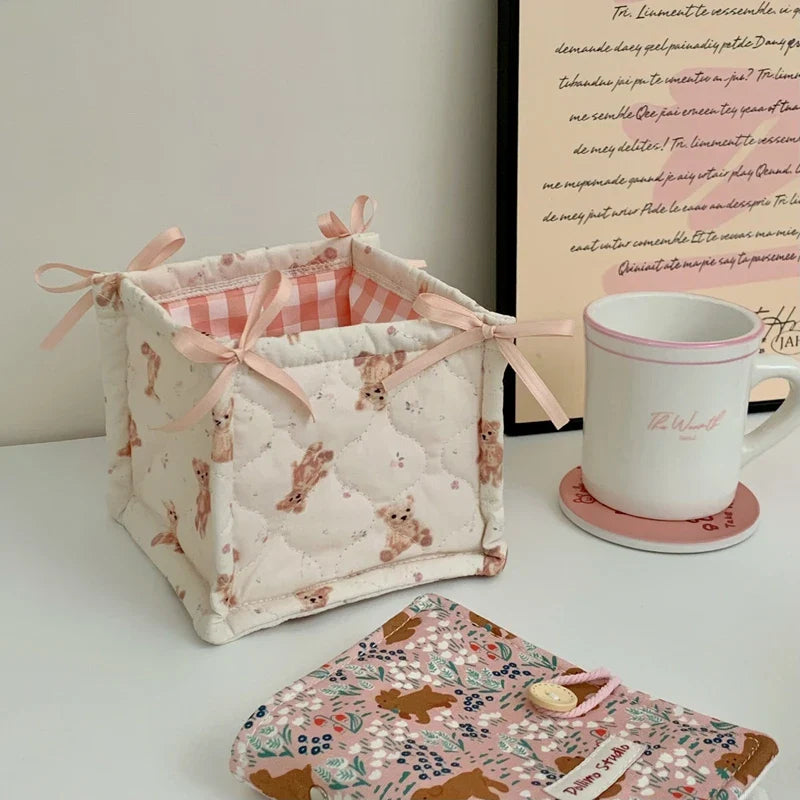 Square Storage Basket Lace Flower Desktop Organizer Storage Basket Korean Quilted Storage Basket Cute Storage Frame Home Decorat