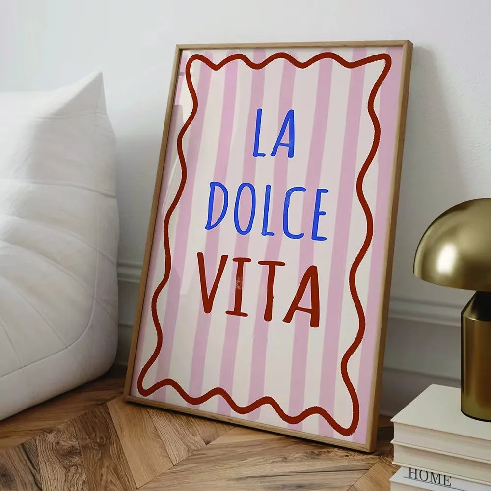 Ciao Bella Sage Green Striped Canvas Print Italy La Dolce Vita Quotation Wall Art Poster for Modern Living Room Y2k Home Decor