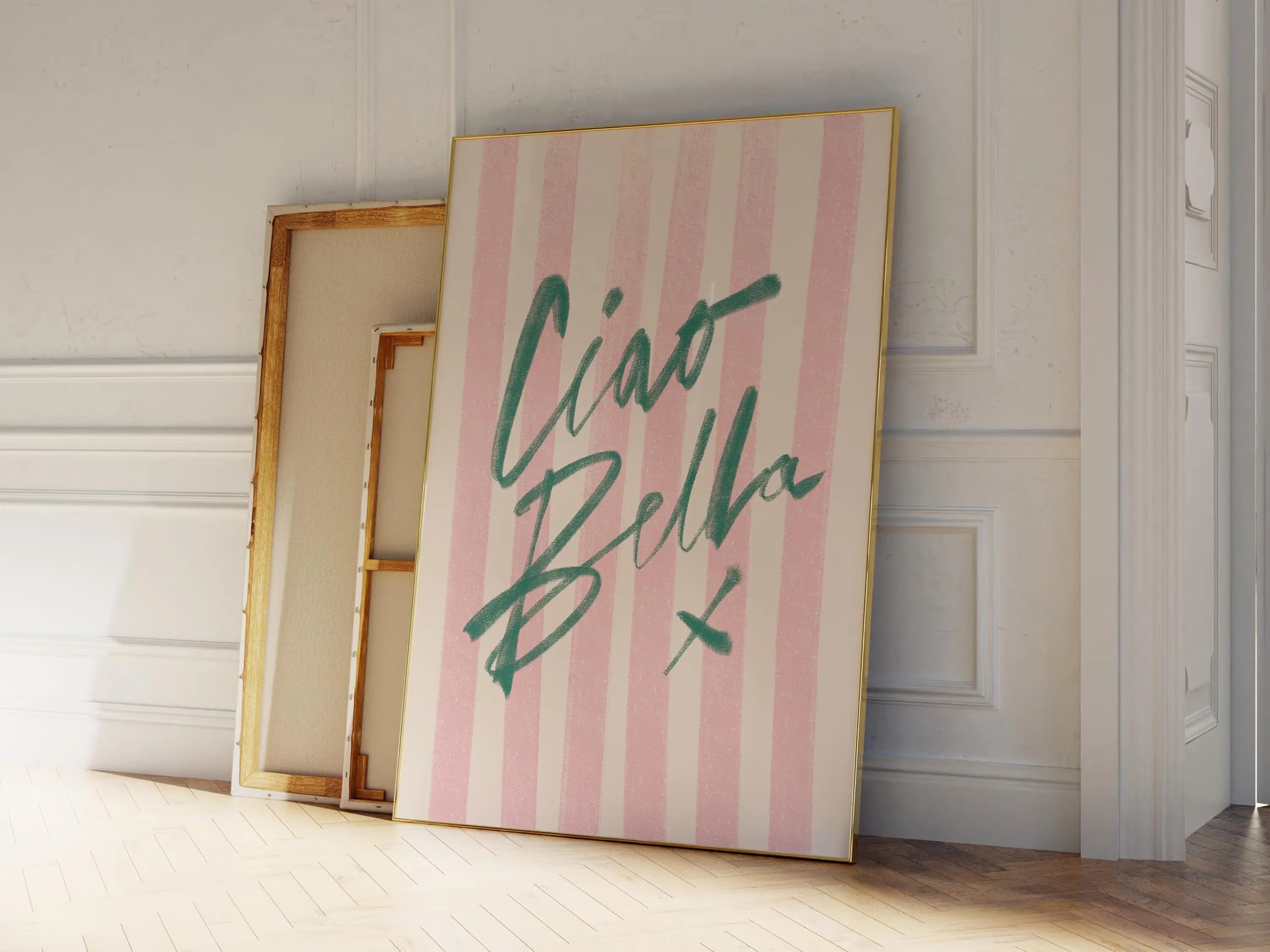 Ciao Bella Sage Green Striped Canvas Print Italy La Dolce Vita Quotation Wall Art Poster for Modern Living Room Y2k Home Decor