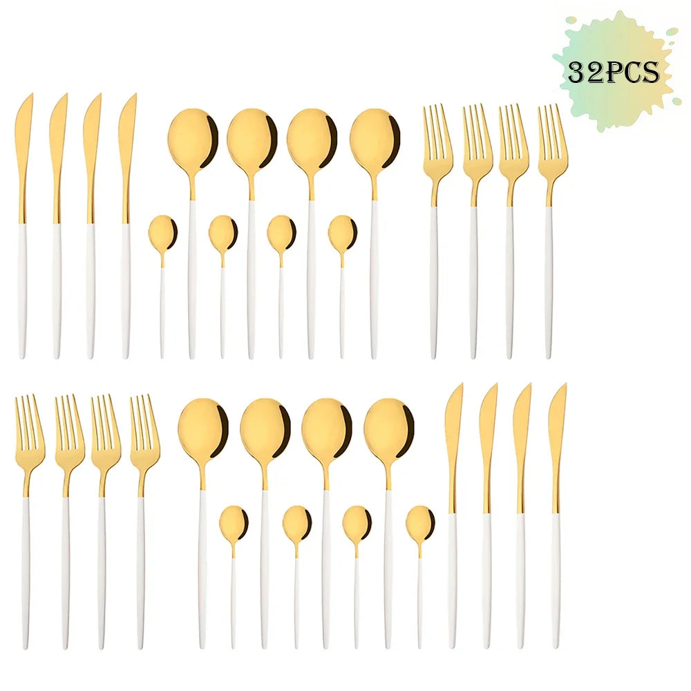 16/24/32/48Pcs Dinnerware Set White Gold Dinner Cutlery Set Stainless Steel Flatware Fork Kitchen Knife Fork Spoon Tableware Set
