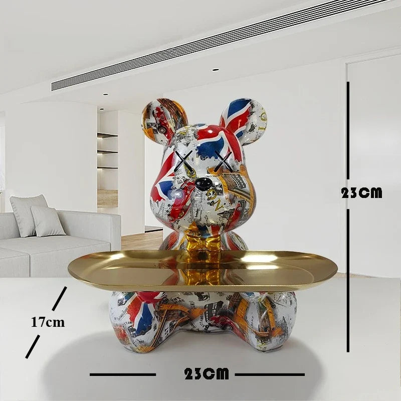 Trendy Colorful Graffiti Bear Abstract Resin Storage Statue Cute Doodle Animal Organizer Desk Holder for Home Office Ornaments