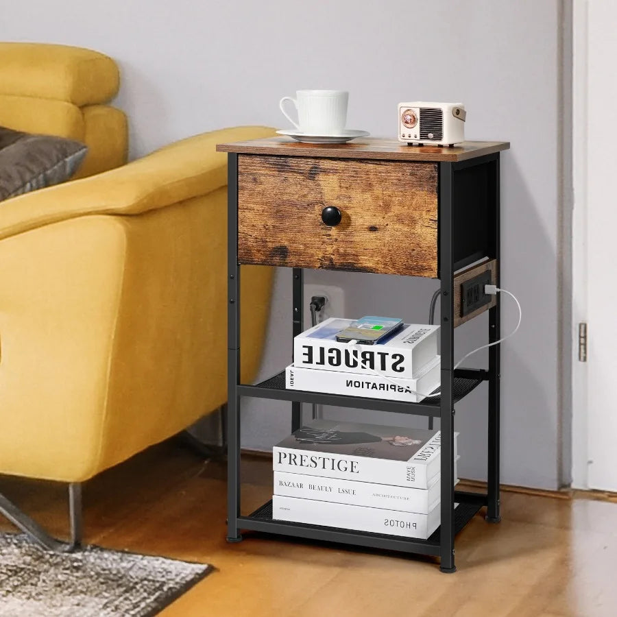 Modern Nightstand with 2 Storage Shelves and Charging Station Rustic Brown