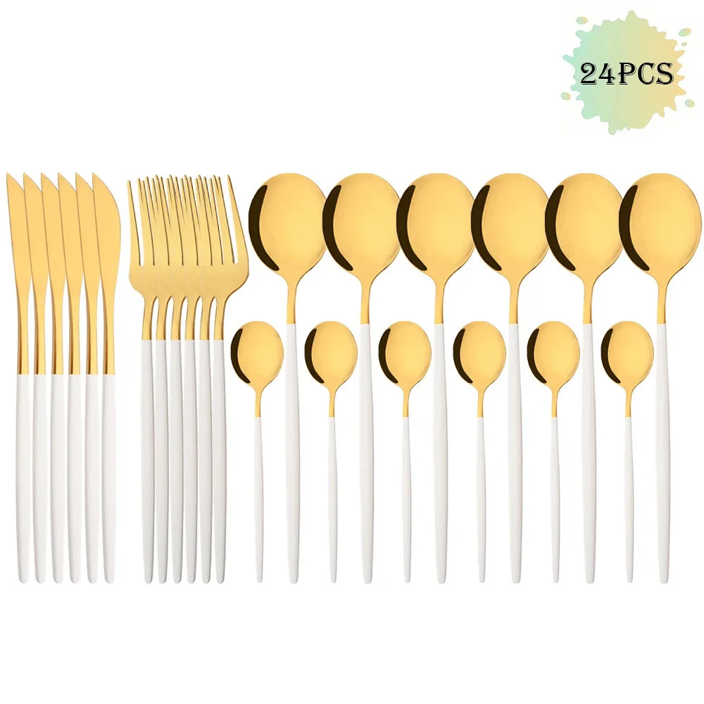 16/24/32/48Pcs Dinnerware Set White Gold Dinner Cutlery Set Stainless Steel Flatware Fork Kitchen Knife Fork Spoon Tableware Set