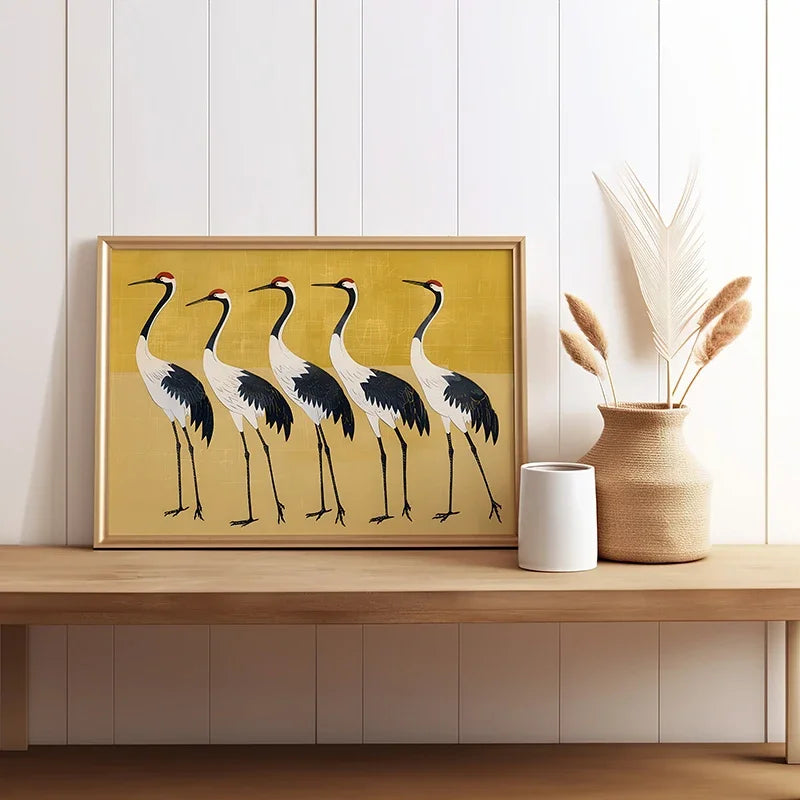 1pc Flying Crane Print Vintage Style Birds Prints Japanese Crane Painting Antique Canvas Wall Maximalist Art Home Decor