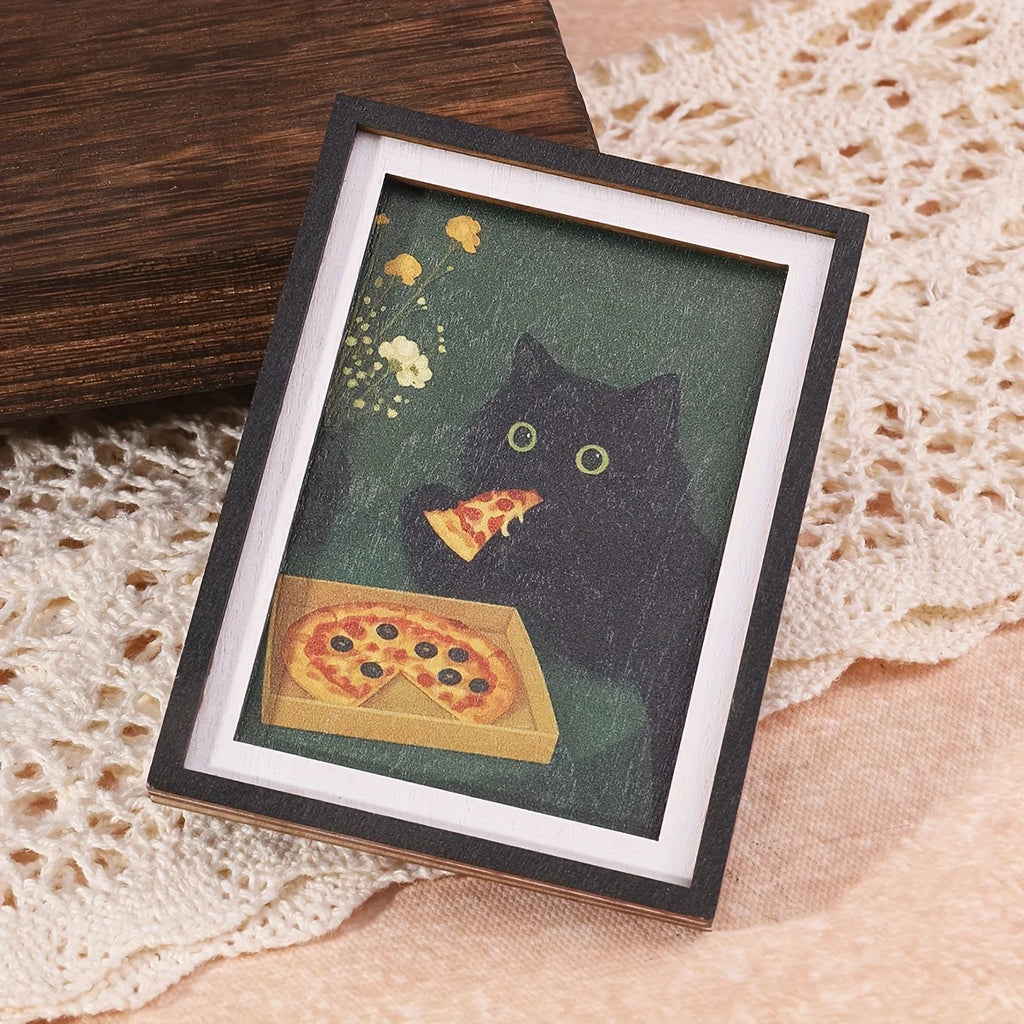Exquisite Mini 3-Layer Photo Frame Fridge Magnet, Black Cat & Pizza Pattern, Fun Home Decor, Unique Exquisite Holiday Gift