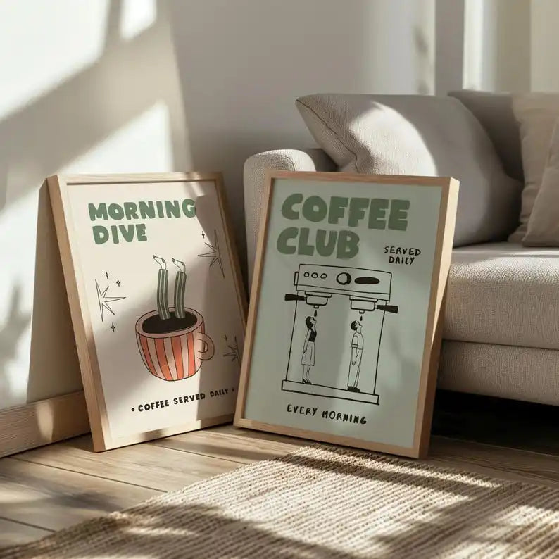 2pcs Modern Coffee Bar Decor Posters, Frameless Espresso Canvas Prints, Retro Poster for Kitchen Decor and Coffee-Lover Gifts
