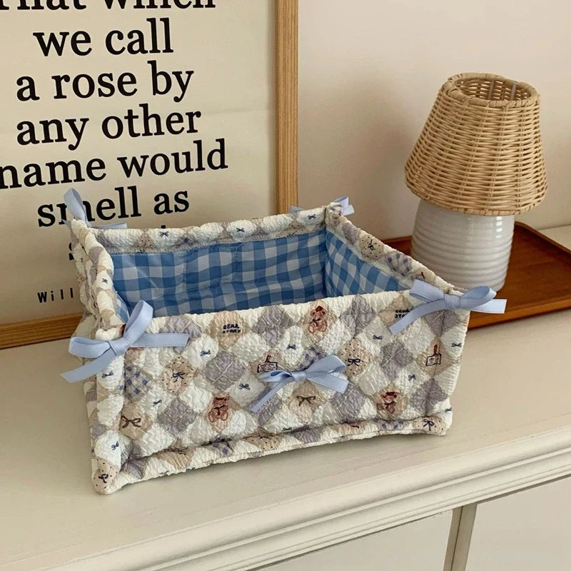 Square Storage Basket Lace Flower Desktop Organizer Storage Basket Korean Quilted Storage Basket Cute Storage Frame Home Decorat
