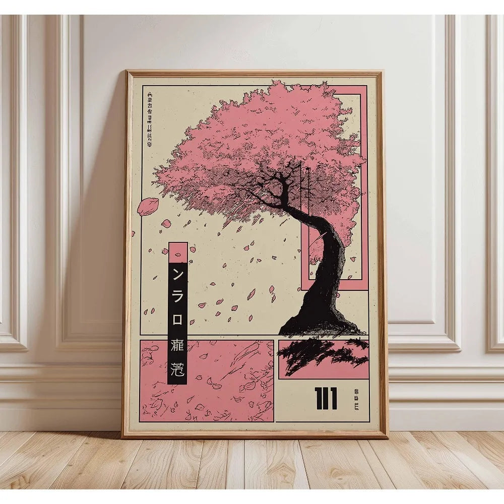 1 Frameless Japanese Tree Poster,Retro Landscape Painting,Natural Wall Art Print,Peaceful Landscape Art,Spring Flower Decoration