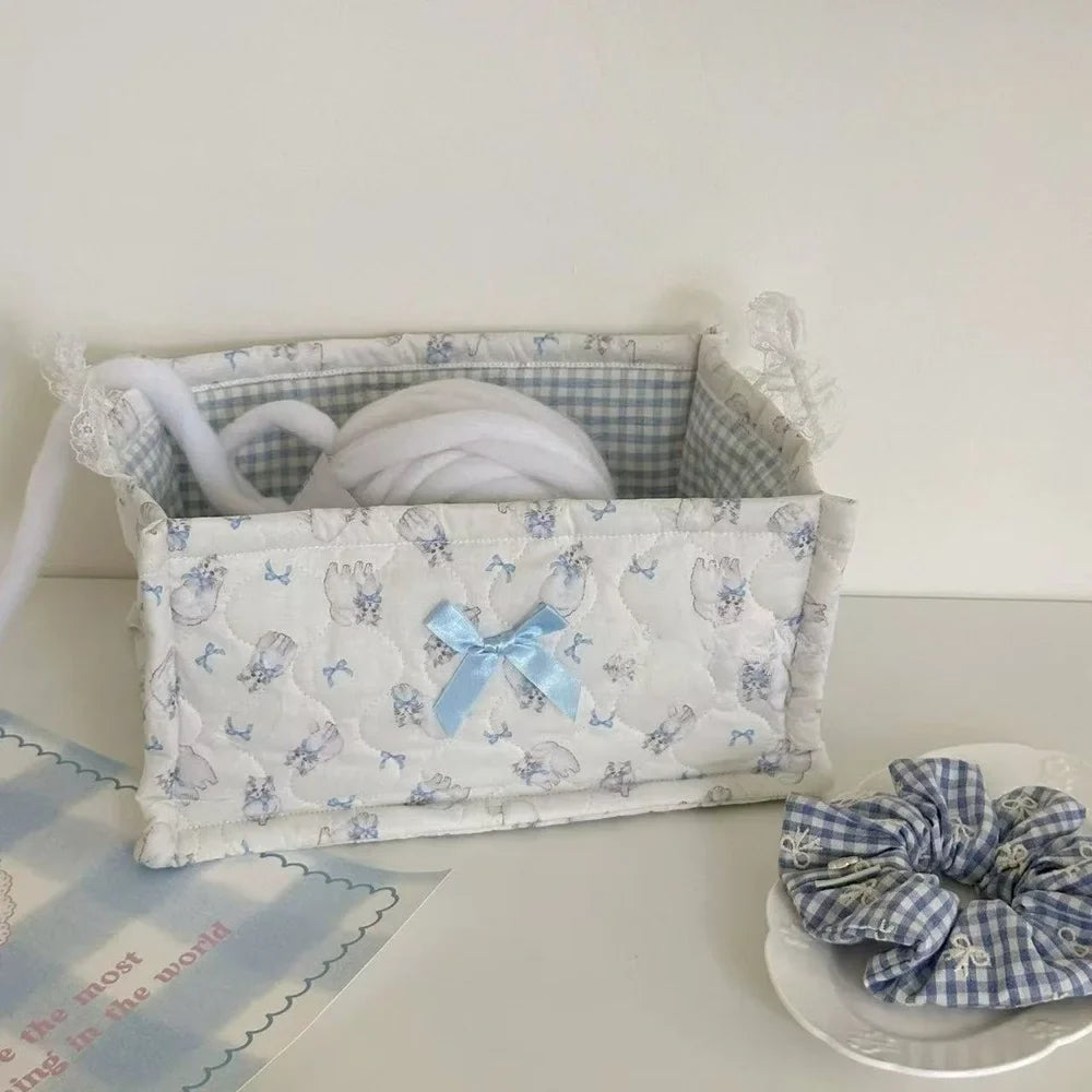 Square Storage Basket Lace Flower Desktop Organizer Storage Basket Korean Quilted Storage Basket Cute Storage Frame Home Decorat