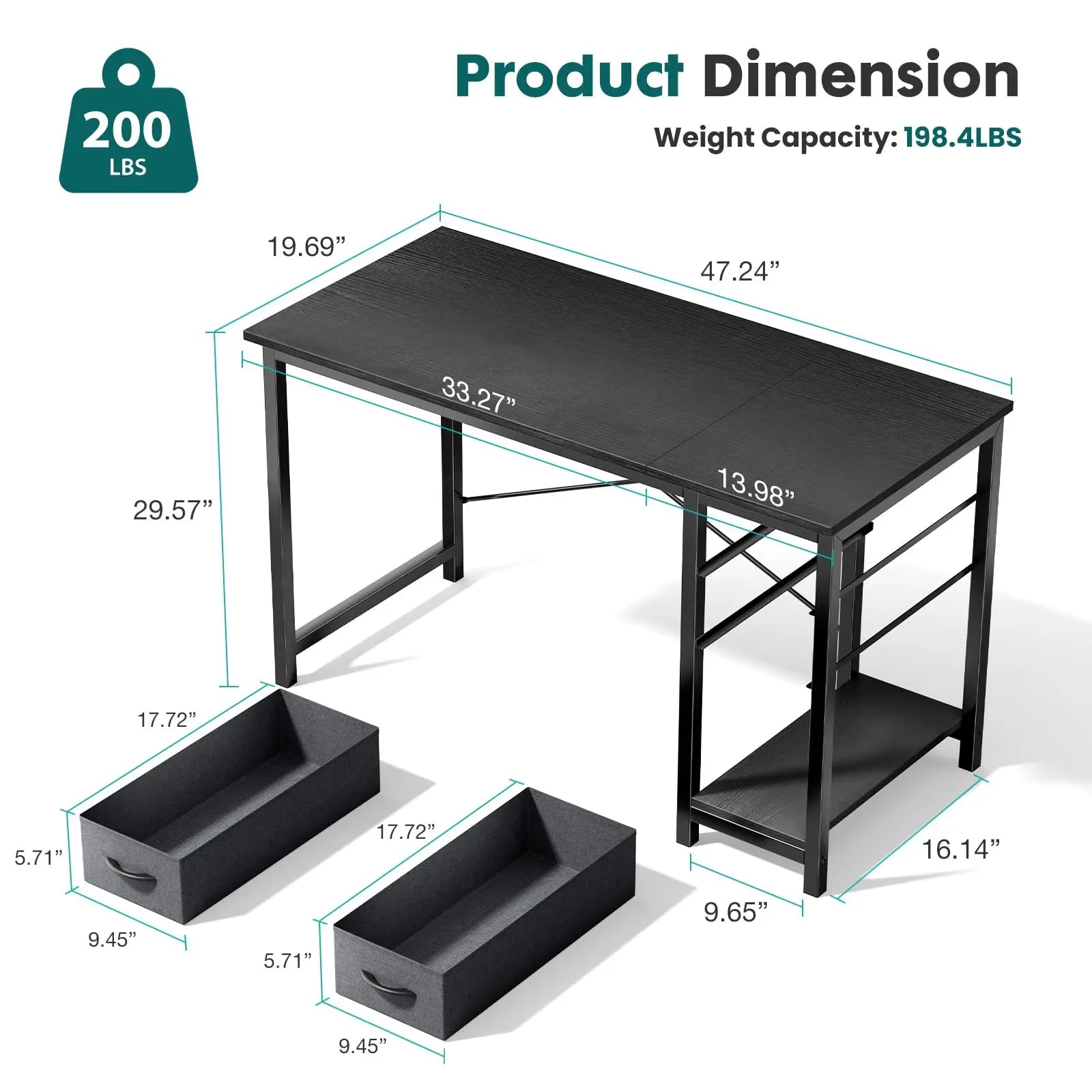 JHK 47IN Computer Desk with 2 Drawers For Study Office Gaming Wood Table with Adjustable Position Drawers Modern Work Table