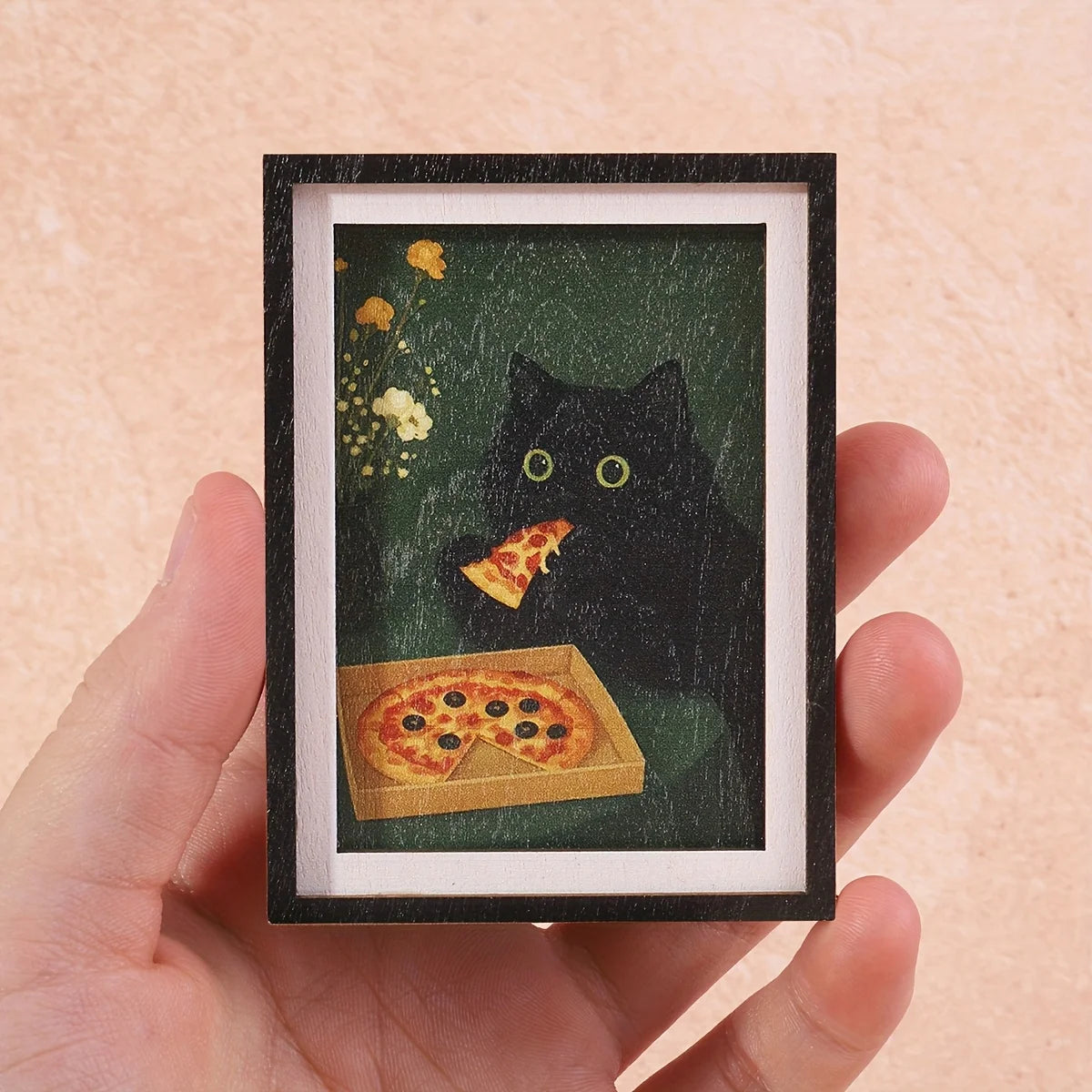Exquisite Mini 3-Layer Photo Frame Fridge Magnet, Black Cat & Pizza Pattern, Fun Home Decor, Unique Exquisite Holiday Gift