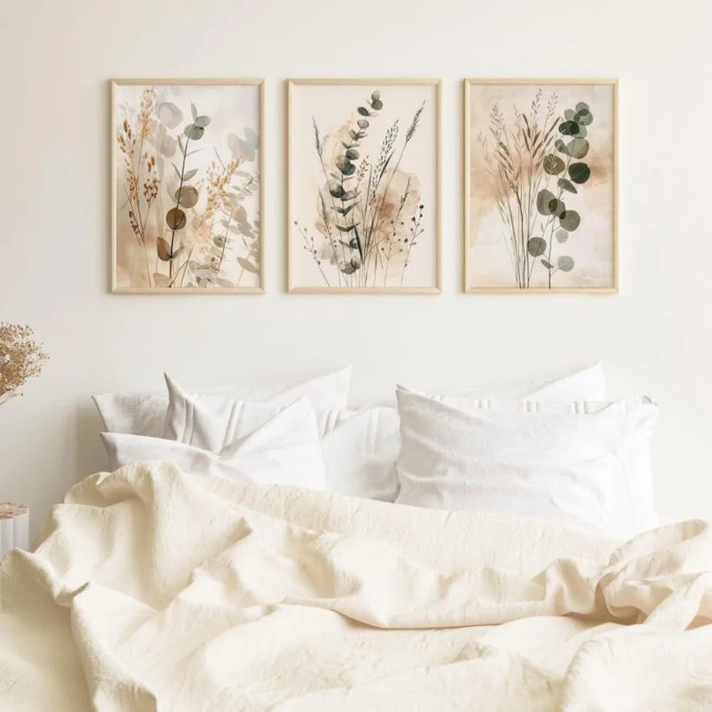 3pcs Frameless Plant Wall Neutral Minimalist Prints Scandinavian Bedroom Decor Eucalyptus Triptych Bohemian Living Room Wall Art
