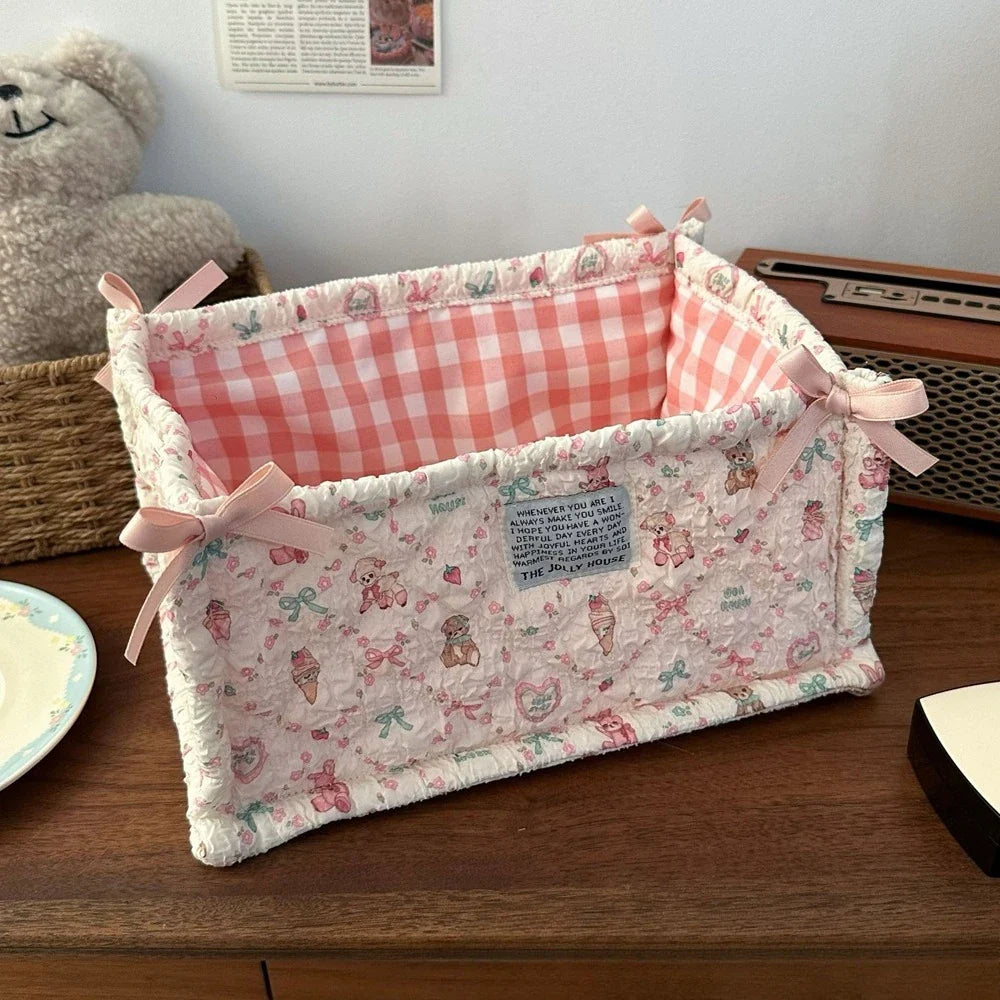 Square Storage Basket Lace Flower Desktop Organizer Storage Basket Korean Quilted Storage Basket Cute Storage Frame Home Decorat