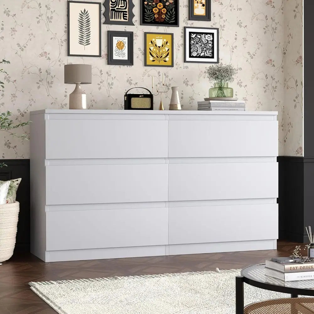 48 Wide 6 Drawer Bedroom Set, Deep Drawers, Large Wooden Double Dresser for Hallways