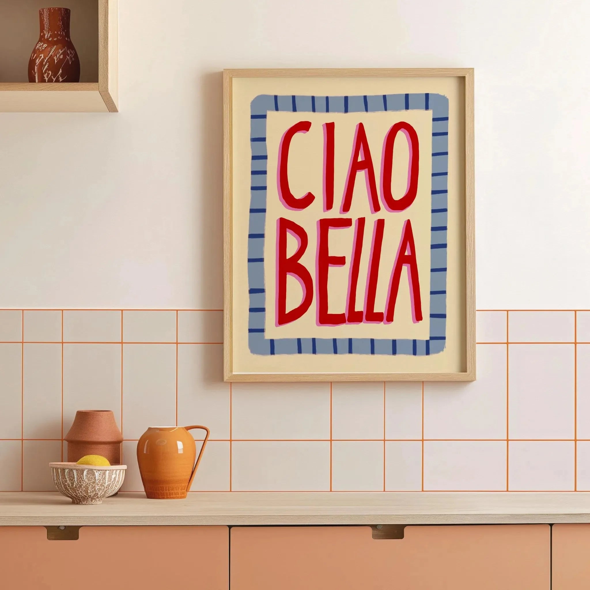 Ciao Bella Sage Green Striped Canvas Print Italy La Dolce Vita Quotation Wall Art Poster for Modern Living Room Y2k Home Decor