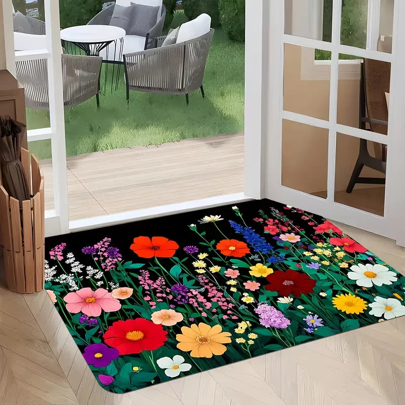 Vibrant Wildflower Pattern Entryway Doormat Soft Non-Slip Cottagecore Boho Home Decor Carpet for Front Door Patio Kitchen