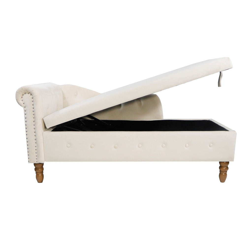 Chaise Lounge Indoor, Lounge Chair For Bedroom With Storage & Pillow, Modern Upholstered Rolled Arm Chase Lounge For Sleeping With Nailhead Trim For Living Room Bedroom Office