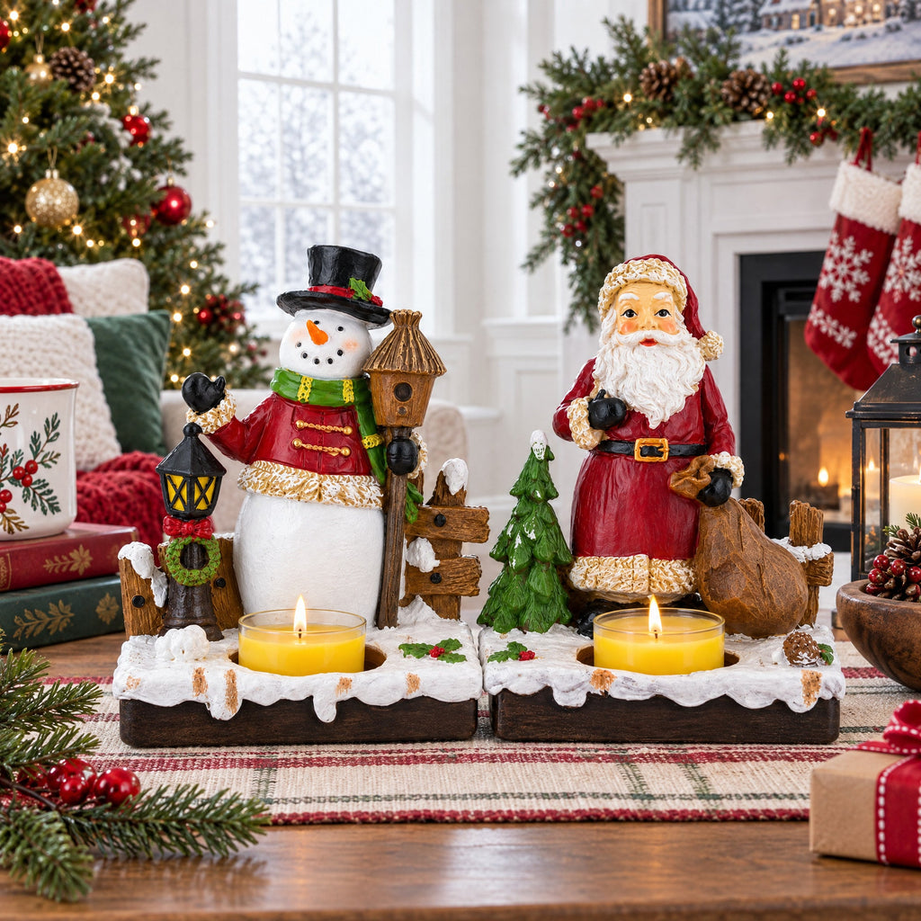 Set of 2 Santa and Snowman Candle Holders 6 Inches