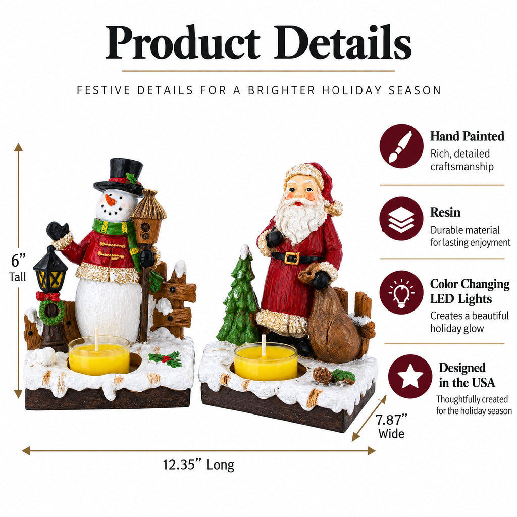 Set of 2 Santa and Snowman Candle Holders 6 Inches